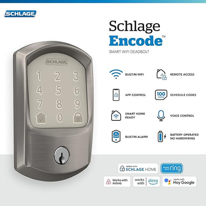 SCHLAGE BE489WB GRW 619 Encode WiFi Deadbolt Smart Lock, Keyless Entry Touchscreen Door Lock with Greenwich Trim, Satin Nickel