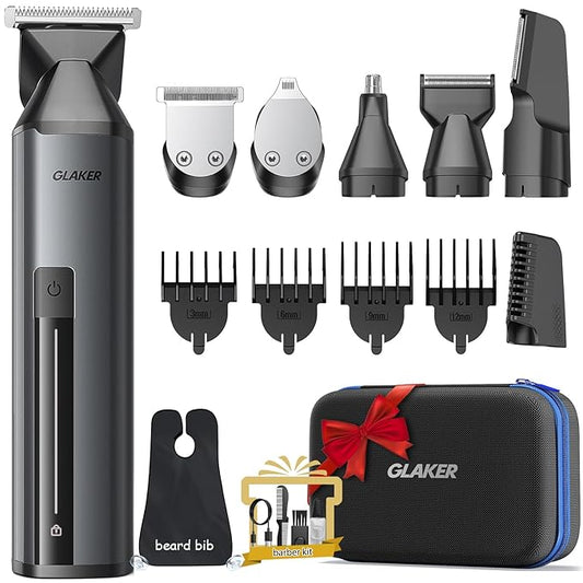 GLAKER Beard Trimmer for Men,Cordless Hair Trimmer,Electric Razor with Interchangeable Magnetic Attachments for Hair Body Facial Trimming,6 in 1 Men Gromming Kit with Storage Bag and Beard Bib Apron