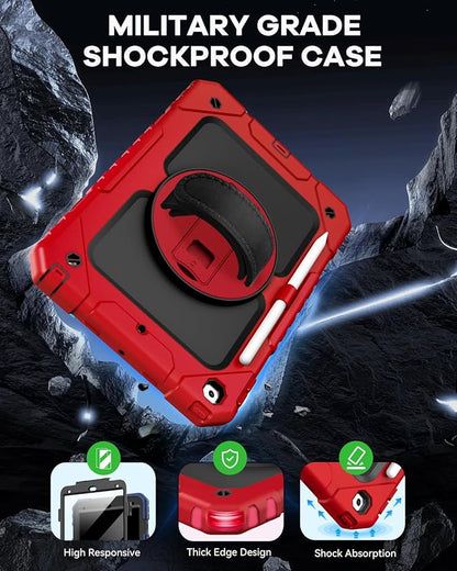 Cantis Case for iPad 9th/8th/7th Generation with Screen Protector, iPad 10.2 Case 2021/2020/2019 with 360 Degree Rotating Stand/Shoulder Strap/Pencil Holder, Red