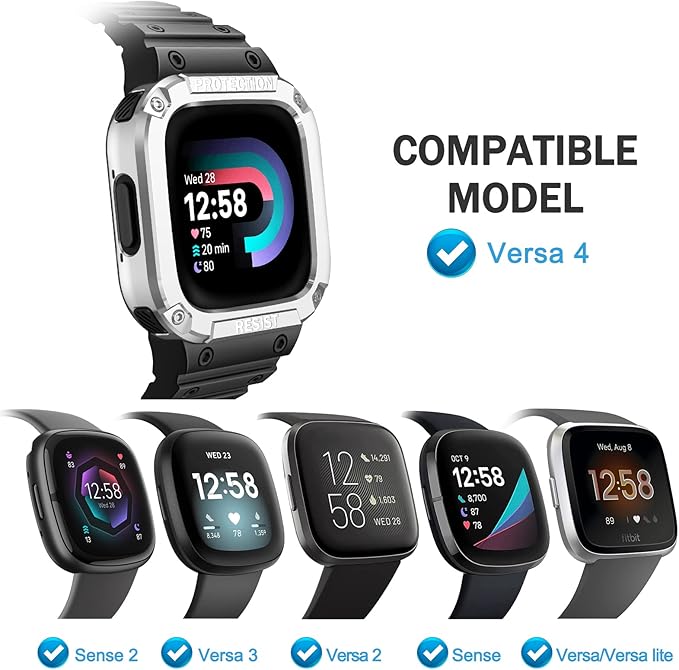 FINTIE Bands with Case Compatible with Fitbit Versa 4/3/2/1/Versa Lite/Fitbit Sense 2/Sense, Protective Case Strap Rugged Sport Band Men, Black/Silver
