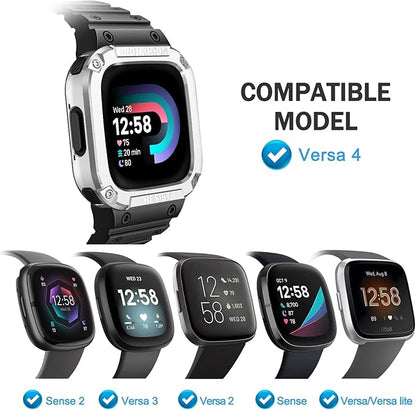 FINTIE Bands with Case Compatible with Fitbit Versa 4/3/2/1/Versa Lite/Fitbit Sense 2/Sense, Protective Case Strap Rugged Sport Band Men, Black/Silver