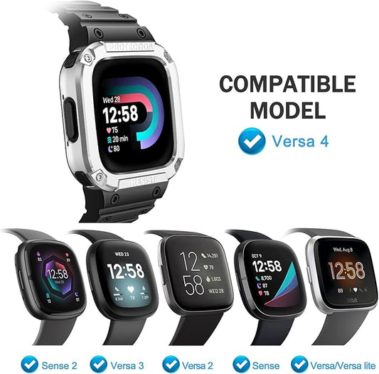 FINTIE Bands with Case Compatible with Fitbit Versa 4/3/2/1/Versa Lite/Fitbit Sense 2/Sense, Protective Case Strap Rugged Sport Band Men, Black/Silver