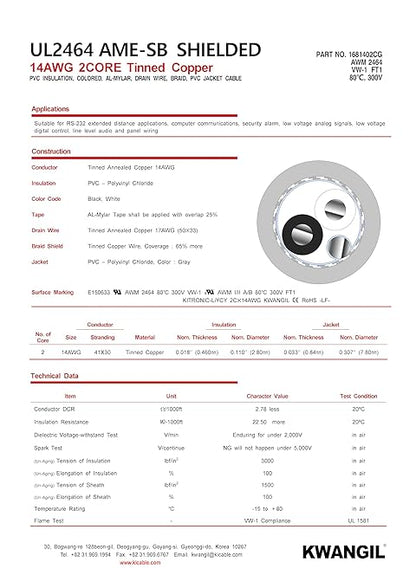 KWANGIL 2C 14AWG AMESB Shielded Cable Wire (UL2464) - Flexible Str TC, PVC Ins, OS+Drain+TC BRD, PVC JKT for CNC Machine, Stepper Motor, VFD Spindle (Gray 25FT)