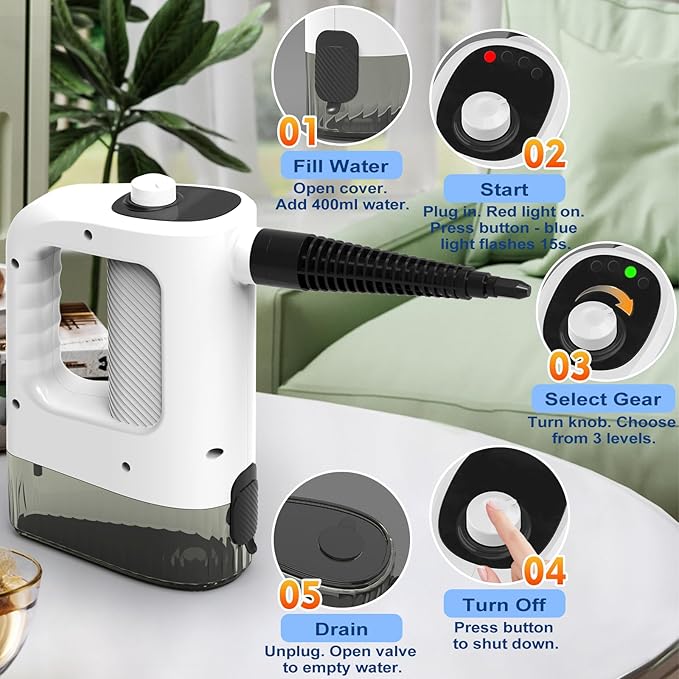 Steam Cleaner, 3-Level Adjustable Handheld Steam Cleaner, 15s Heat-Up, 400ML Large Capacity Steamer Cleaning with 14 pcs Accessories, Portable Steam Cleaner for Home for Dirt, Grease, Tile,Floor, Car