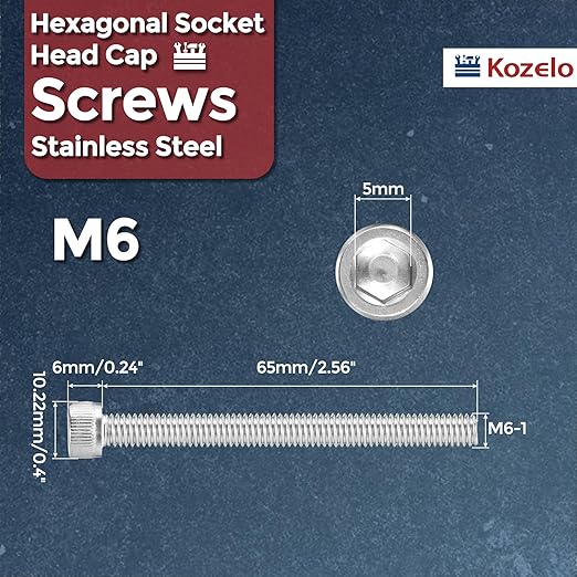 Kozelo 20pcs Socket Head Cap Screws - [M6-1 x 65mm] 304 Stainless Steel Allen Socket Drive for Electrical Motor 3D Printing Fan Engine Replacement Use, Silver