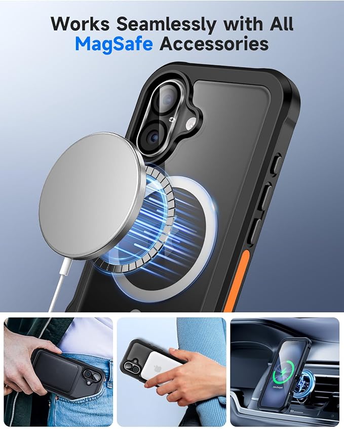 seacosmo for iPhone 16 Case, Full Body Bumper with Built-in 9H Tempered Glass Privacy Screen Protector and Camera Lens Protector, Compatible with MagSafe, Shockproof Phone Cover, 6.1", Black
