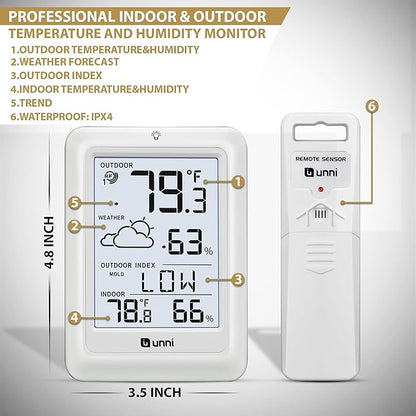 Indoor Outdoor Thermometer Wireless Weather Station, Temperature Humidity Monitor Battery Powered Inside Outside Thermometers with 330ft Range Remote Sensor and Backlight Display（WH01）