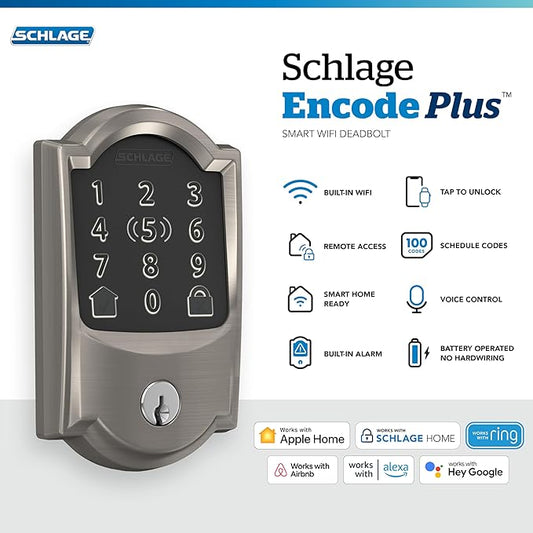 Schlage BE499WB CAM 619 Encode Plus WiFi Deadbolt Smart Lock, Keyless Entry Touchscreen Door Lock with Camelot Trim, Satin Nickel