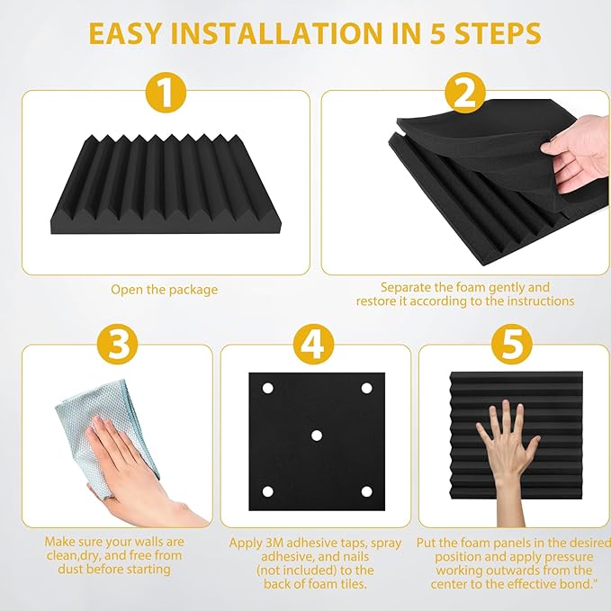 Saiqiang Acoustic Foam Panels Sound Absorbing 12 Pack - 1" X 12"X 12" Sound Proof Panels Noise Reducing for Walls, High Density Sound Deadening Panels Black Wedge for Studio Recording & Office & Home