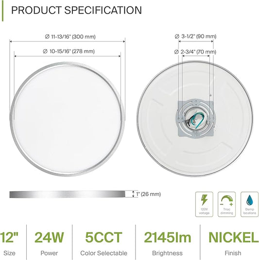 ASD LED 12" Round Flush Mount Ceiling Light Fixture, Low Profile Surface Lighting | 5CCT, Dimmable, Ultra-Thin, ETL Listed | 24W 1900LM 2700-6000K 120V | Kitchen, Bedroom, Hallway Lamp | Nickel