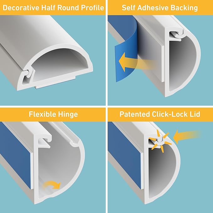D-Line Half Round Cord Hider, Patented Cable Cover, Hide TV Wall Mount Wires, Raceway for Cords, Decorative Wire Covers, Paintable, Adhesive Cable Concealer, 1x 0.78in W x 0.39in H x 39in L,White