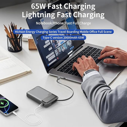 Hichain Laptop Power Bank 65W 20000mAh Portable Charger with Built-in USB-C Cable, 3-Port Fast Charging Battery Pack for MacBook iPhone 17 16/15 Series Android Switch Travel Essential Gray