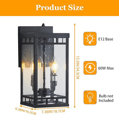 13.5” Dusk to Dawn Sensor Outdoor Wall Lights - 2-Light Large Exterior Lighting Fixtures, Waterproof Porch Lights for Garage, Front Door, Patio & House, Porch Light with E12 Base,Matte Black,1 Pack