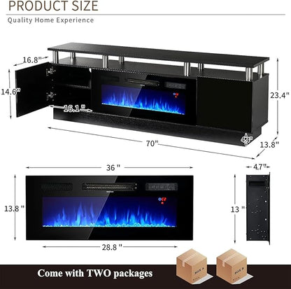 oneinmil 2 Tier TV Console Stand with 36" Electric Fireplace, LED Light Entertainment Center for TVs Up to 80" for The Living Room, 70", Black