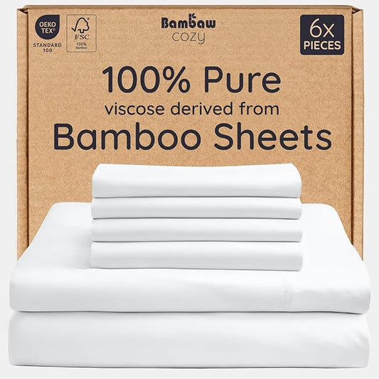Bambaw 100% Viscose Derived from Bamboo Queen Size Sheet Set - 6pcs Cooling Sheets, Breathable, Super Soft, Fits Up to 16'' Mattress Depth, White