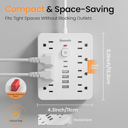 Bawmwim Surge Protector Power Strip - 8 Outlets(1250W/10A) 4 USB A（2 USB C, 10FT Flat Plug Extension Cord, Wall Mount Multi Plug Outlet Extender, ETL Listed for Home, Dorm Room