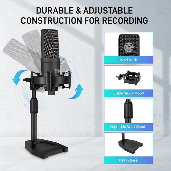 XLR Microphone Professional Cardioid Gaming Mic Kit with Desktop Stand,Shock Mount,Pop Filter,PC Computer Studio Condenser Microphone for Podcast Recording,Streaming,Voice Over,ASMR,YouTube