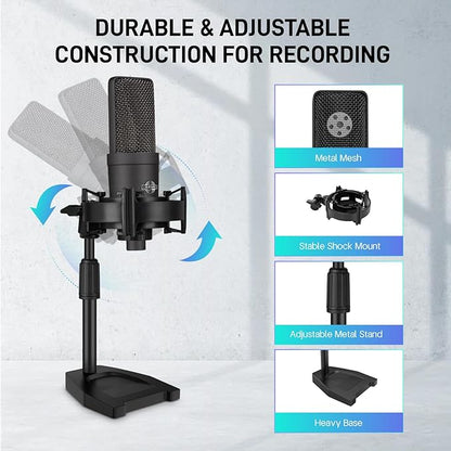 XLR Microphone Professional Cardioid Gaming Mic Kit with Desktop Stand,Shock Mount,Pop Filter,PC Computer Studio Condenser Microphone for Podcast Recording,Streaming,Voice Over,ASMR,YouTube