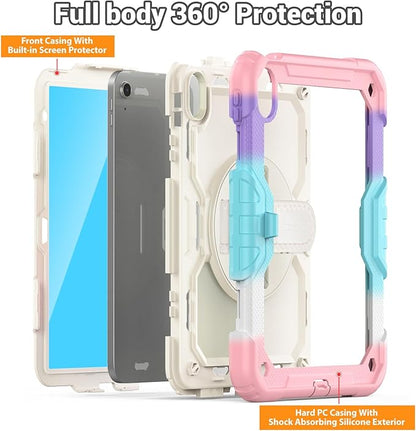 SEYMAC Case for iPad (A16) 11th/10th Generation 2025/2022 (11″/10.9″), Sturdy Heavy Duty Full-Body Shockproof Protective Case with Screen Protector, Rotating Stand, Hand/Shoulder Strap, Colorful/Pink