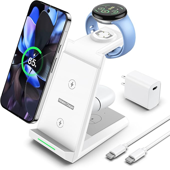 NANAMI Wireless Charger for Google - 3 in 1 Wireless Charging Station Fast Charger Stand Dock for Pixel 9 Pro XL/9/Fold/8/7/7A/6,Buds Pro 2/Pro, Watch 3/2,Fitbit Versa 4/Sense 2(Not for Pixel Watch 1)