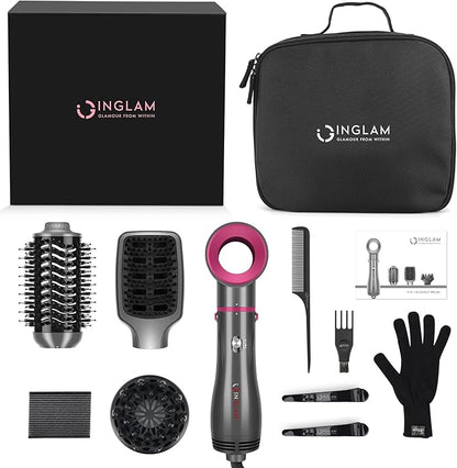IG INGLAM 4 in 1 Hot Air Brush, Negative Ion Detachable Hair Styler & Volumizer with 2 Brush Heads, Updated Push Switch, Gray
