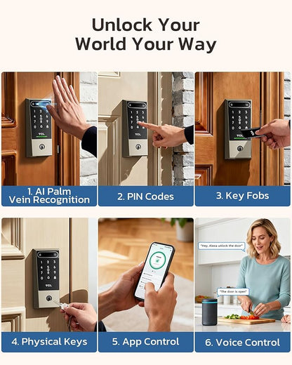 TCL D2 Pro Smart Lock with Palm Vein Recognition, 10000mAh Rechargeable Battery & Wi-Fi, Keyless Entry Door Lock, IP55 Weatherproof, Built-in Doorbell, Auto Lock, Brushed Nickel