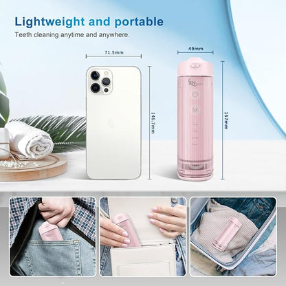 JNGOODS Mini Portable Water Flosser Oral Irrigator Water Teeth Cleaner Pick, Telescopic Water Tank, 4 Modes & IPX7 Waterproof, Home & Travel Water Flossers for Teeth, Braces Bridges Care. (Pink)