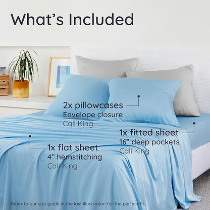 Bambaw California King Sheet Set 4pcs – 100% Viscose Derived from Bamboo Sheets Deep Pocket, Fits Up to 16'' Mattresses, Temperature Cooling Bed Sheets, Super Soft Bed Sheets (Dream Blue)
