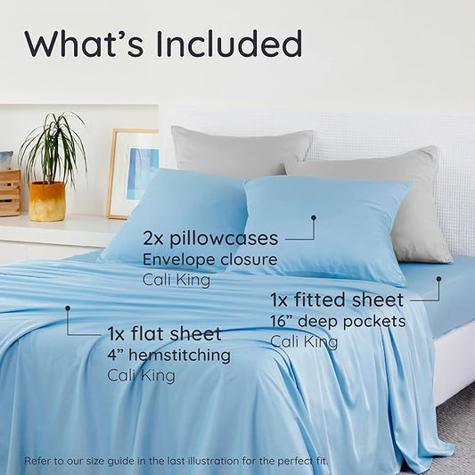 Bambaw California King Sheet Set 4pcs – 100% Viscose Derived from Bamboo Sheets Deep Pocket, Fits Up to 16'' Mattresses, Temperature Cooling Bed Sheets, Super Soft Bed Sheets (Dream Blue)