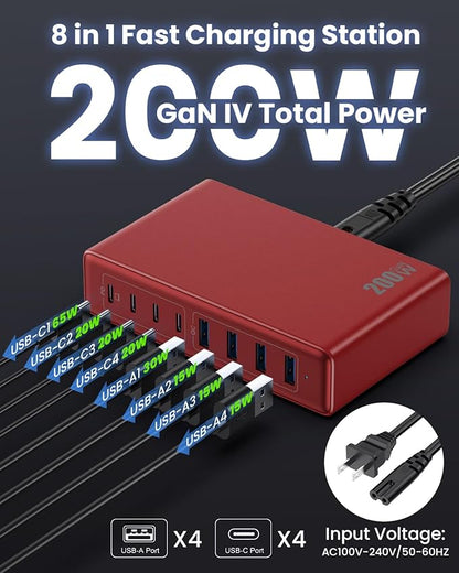 200W USB C Charger Block,8-Ports GaN III Fast Charging Station Hub,QC4.0+PD 65W Laptop Charger Wall Chargers Power Adapter for MacBook Pro/Air,DELL,Steam Desk,iPhone 17/16/15,iPad,Galaxy S25,Pixel-Red