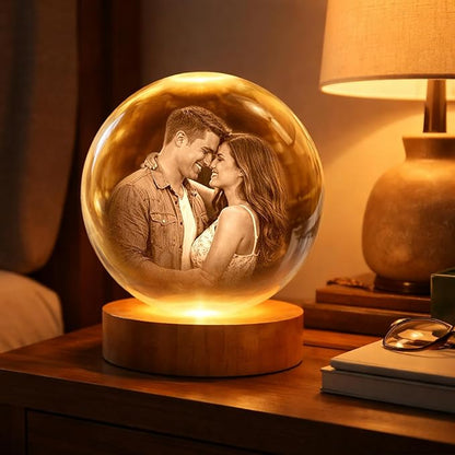 Herihues Personalized 3D Photo Crystal Ball, Custom Engraved Picture Lamp with Wood Base, Night Light for Family, Gifts for Husband Wife Valentines Day, Christmas, Personalized Gifts, Photo Led Light