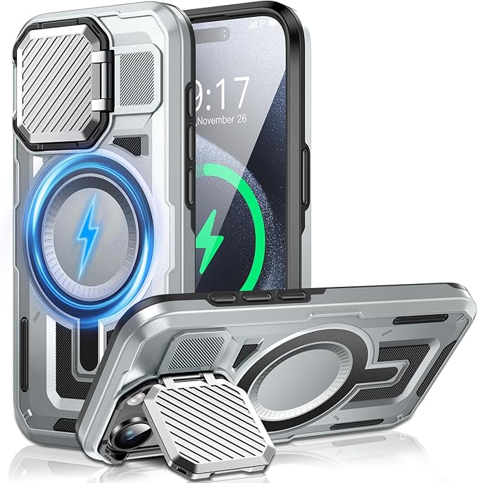 Camera Stand Case for iPhone 15 Pro Max, [Compatible with MagSafe] [Lens Cover] 2024 Version Military Grade Protective Soft Case for iPhone 15 Pro Max 6.7 inch Men Women, Grey