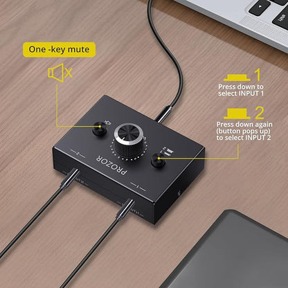 PROZOR 3.5mm Audio Bi-Directional Switcher - 2(1)-in-1(2)-Out 3.5mm Stereo Audio Switch Splitter 2 x 1/1 x 2, with Mute Button and No External Power Required