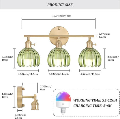 Shenmoyl Battery Operated Bathroom Light Fixtures, 3-Light Brass Vanity Wall Light with 5000mAh Rechargeable Bulb Over Mirror with Green Tulip Glass Shade for Bedroom Living Room
