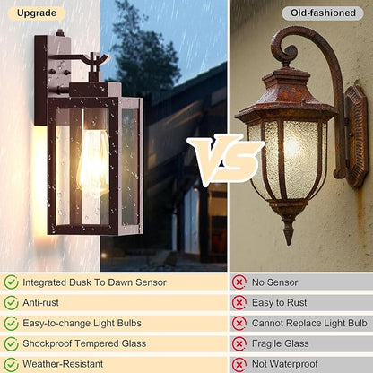 LTBLIGHT 2-Pack Dusk to Dawn Porch Light, Farmhouse Brown Outdoor Lights Wall Mount, Waterproof Anti-Rust Wall Sconces for House, Yard, Entryway, Garage, 100-120Vac