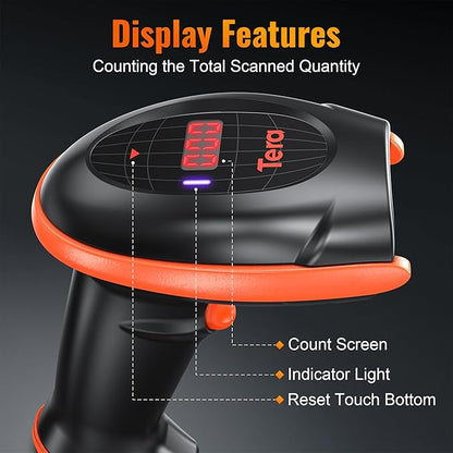 Tera Pro Series Wireless 1D 2D QR Barcode Scanner with Cradle Display Counting Screen Extra Fast Scanning Speed Ultra High Resolution Handheld Image Bar Code Reader for Warehouse Inventory HW0008