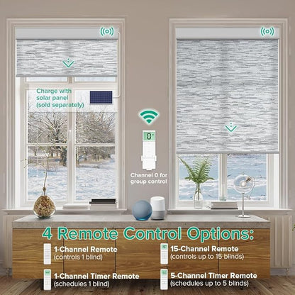 Kilonity Motorized Roller Shades, Light Filtering Remote Control Custom Window Shades Compatible with Alexa Google Assistant via RF Hub, Rechargeable Electric Blinds for Windows (Texture Grey)