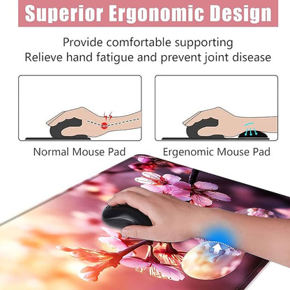 BFUKVOU Large Keyboard Mouse Pad Set, Extended Mouse Pad+Keyboard Wrist Rest Support, Memory Foam Ergonomic Easy Typing, 4Pcs (31.5×11.8 in) Desk Pad Set for Office Home,Cherry Blossom Floral