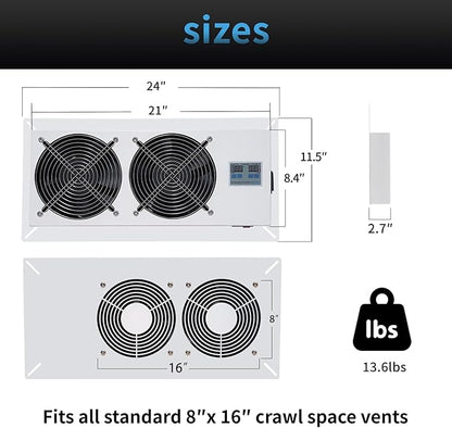 Pewoaoa 720 CFM Crawlspace Vent Fan, With Thermostat,Humidistat, Crawlspace Fans, For Moisture Reduction, Radon Mitigation, Freeze Protection, Ideal for Basement, Attic, Crawl Space Fan Vent(Air Out)