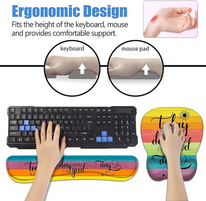 Mouse Pad Wrist Support and Keyboard Wrist Rest Set with Coasters, Today is a Good Day to Have a Good Day Inspirational Quote with Non-Slip PU Base Ergonomic Mousepad for Computer Laptop Home Office