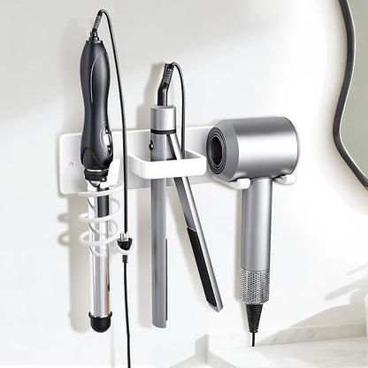 Dovyn Blow Dryer Holder Wall Mount, 3 in 1 Bathroom Hair Tool Organizer with Curling Iron Holder & Flat Iron Holder, Universal Hair Dryer Holder Rack Storage White