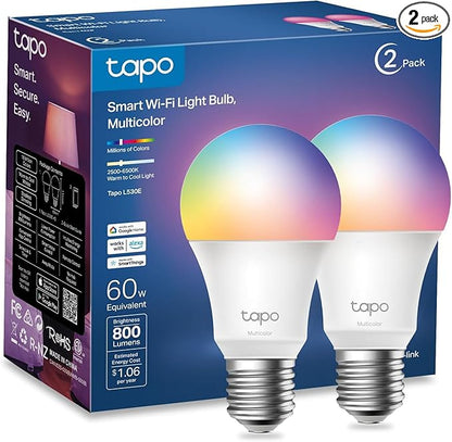 TP-Link Tapo Smart Light Bulbs, 16M Colors RGBW, Dimmable, Compatible with Alexa and Google Home, A19, 60W Equivalent, 800LM CRI>90, 2.4GHz WiFi only, No Hub Required, Tapo L530E(2-Pack)