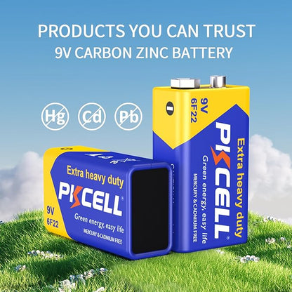 PKCELL 9V Batteries, 2 Pack 9 Volt Batteries Carbon Zinc, 9V Battery for Smoke Detector, Alarms, 6F22 Square Battery