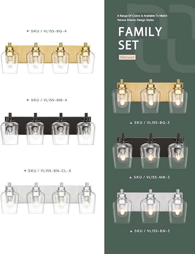 METWET Bathroom Light Fixtures, 3-Light Modern Vanity Light with Clear Glass Wine Glass-Shaped Shade, Vanity Lighting Fixtures Over Mirror, Brushed Gold, VL155-BG-3