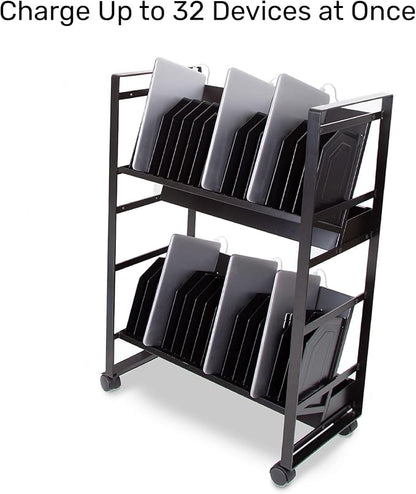 Line Leader 32-Device Mobile Charging Station | Steel Rolling Cart for Laptops, Tablets, & Chromebooks | Open Design with Dividers & UL-Certified Surge Protection | Portable Charging Stand (Black)