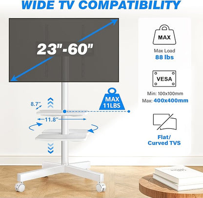 Rfiver Mobile TV Stand for 23-60 Inch LCD LED Flat/Curved Panel Screen TVs up to 88 lbs, Rolling TV Stand with Adjustable Shelf & Tilt, Portable Floor Stand on Wheels for Bedroom, Living Room, White