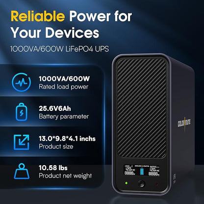 GOLDENMATE 1000VA/600W Lithium UPS Battery Backup & Surge Protector, Backup Battery Power Supply with LiFePO4 Batteries(153.6 Wh), Sinewave UPS System, 10 Years Lifespan, 8 Outlets, LCD Display, Gray