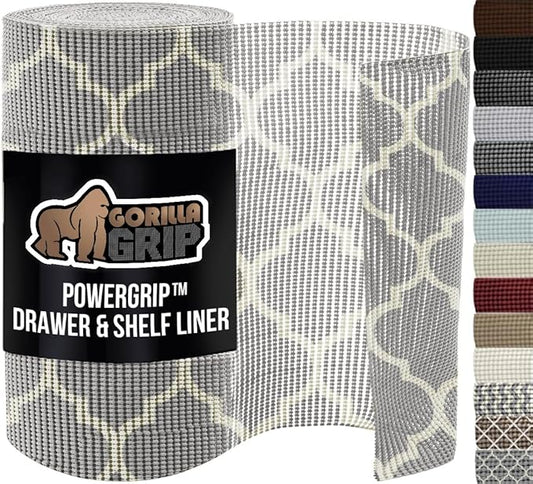 GORILLA GRIP powerGRIP Drawer Shelf and Cabinet Liner, Thick Strong Hold, Non-Adhesive Liners Protect Kitchen Cabinets and Cupboard, Bathroom Drawers, Easy Install, Breathable Mat, 20" x30', Gray