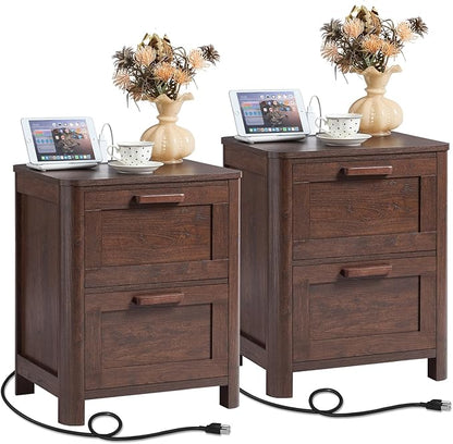 Joaxswe Farmhouse Nightstand Set of 2 with Charging Station, End Tables Bedroom with 2 Large Drawers & 4 Thickened Table Legs, Walnut