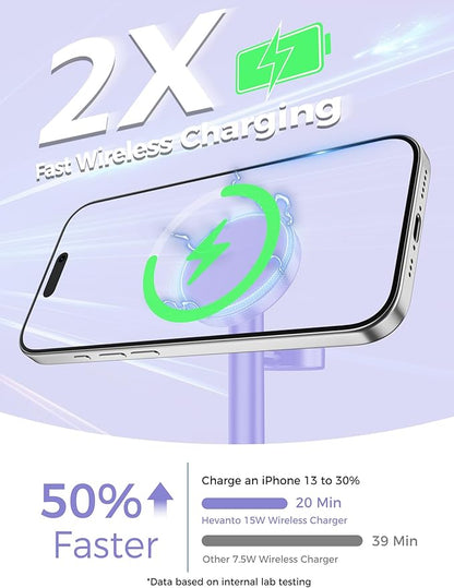 Hevanto 2025 3 in 1 Wireless Charging Station for Apple MagSafe Charger, 15W Fast Magnetic Mag-Safe Charger Stand for iPhone 17 16 15 14 13 12 Apple Watch AirPods Compatible with MagSafe, Purple